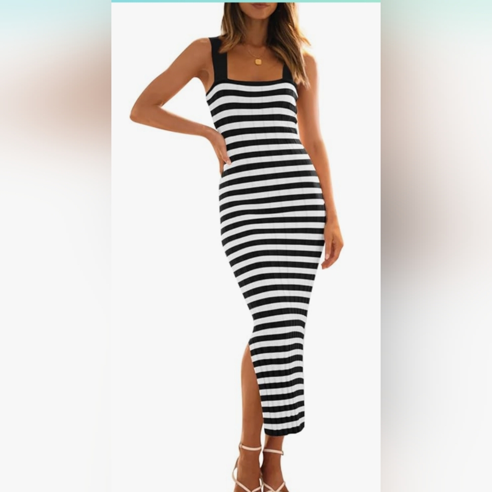 Black and White Striped Bodycon Midi Dress